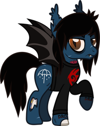 Size: 977x1226 | Tagged: safe, artist:lightningbolt, derpibooru exclusive, bat pony, pony, undead, zombie, zombie pony, .svg available, angry, bags under eyes, bat ponified, bat wings, bone, bring me the horizon, clothes, ear fluff, fangs, lip piercing, long sleeves, male, oliver sykes, piercing, ponified, race swap, raised hoof, scar, shadow the hedgehog, shirt, simple background, slit eyes, solo, sonic the hedgehog (series), stallion, standing, stitches, svg, tattoo, torn ear, transparent background, vector, wings