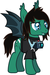 Size: 825x1227 | Tagged: safe, artist:lightningbolt, derpibooru exclusive, bat pony, pony, .svg available, bat ponified, bat wings, bring me the horizon, camera, clothes, ear fluff, fangs, male, ponified, race swap, shirt, simple background, slit eyes, smiling, solo, stallion, standing, svg, t-shirt, tom sykes, transparent background, vector, wings