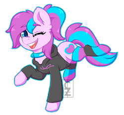 Size: 2102x1943 | Tagged: safe, artist:cleoziep, oc, oc only, oc:panda shade, earth pony, pony, clothes, collar, female, hoodie, mare, one eye closed, simple background, socks, striped socks, transparent background, wink