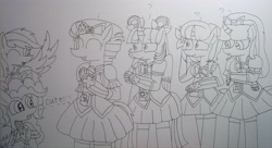 Size: 4805x2616 | Tagged: safe, artist:徐詩珮, part of a set, evil pie hater dash, fizzlepop berrytwist, glitter drops, pinkie pie, rainbow dash, spring rain, tempest shadow, twilight sparkle, twilight sparkle (alicorn), alicorn, anthro, plantigrade anthro, unicorn, series:ponies in precure universes, secrets and pies, adorapiehater, broken horn, clothes, cute, diapinkes, dress, female, glitterlight, glittershadow, horn, lesbian, lineart, mare, pinkiedash, pinkiehater, polyamory, precure, shipping, sprglitemplight, springdrops, springlight, springshadow, springshadowdrops, tempestlight, tomboy taming, traditional art, yes precure 5 gogo