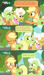 Size: 1600x2704 | Tagged: safe, derpibooru import, edit, edited screencap, screencap, applejack, goldie delicious, granny smith, earth pony, pony, going to seed, apple tree, comic, dialogue, screencap comic, speech bubble, tree