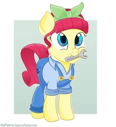 Size: 851x939 | Tagged: safe, artist:redpalette, torque wrench, earth pony, pony, rainbow roadtrip, atorqueable, cute, female, mare, mouth hold, overalls, wrench