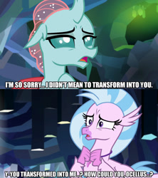 Size: 1280x1440 | Tagged: safe, edit, edited screencap, screencap, ocellus, silverstream, changeling, hippogriff, what lies beneath, caption, dialogue, female, image macro, meme, text, worried