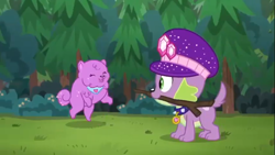 Size: 1366x768 | Tagged: safe, screencap, princess thunder guts, spike, spike the regular dog, dog, better together, choose your own ending, equestria girls, lost and pound, lost and pound: spike, cute, female, happy, hat, male, spikabetes, spike's festival hat, stick, tail
