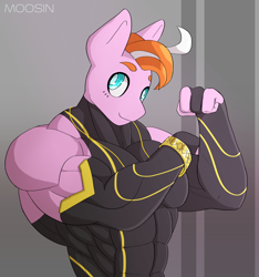Size: 2340x2500 | Tagged: safe, artist:mopyr, oc, oc only, oc:oree, anthro, abs, ahoge, bracelet, clothes, gloves, jewelry, long gloves, male, muscles, outfit, skintight clothes, solo
