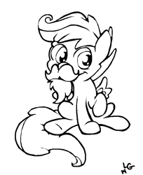 Size: 618x758 | Tagged: safe, artist:lucas_gaxiola, scootaloo, pegasus, pony, fake moustache, female, filly, lineart, monochrome, raised hoof, signature, sitting, solo