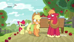 Size: 1600x900 | Tagged: safe, derpibooru import, screencap, apple bloom, applejack, big macintosh, earth pony, pony, going to seed, apple, apple tree, discovery family logo, fake smile, food, smiling, tree