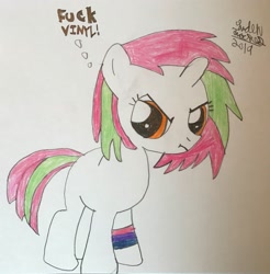 Size: 2018x2048 | Tagged: safe, artist:theanimefanz, oc, oc:dj fl-@, oc:tenor kidd, pony, bisexual, female, filly, pride, traditional art