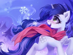 Size: 3000x2250 | Tagged: safe, artist:share dast, oc, oc only, oc:muffinkarton, pony, unicorn, abstract background, blushing, chest fluff, clothes, ear fluff, female, looking back, mare, scarf, snow, solo