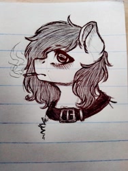 Size: 3120x4160 | Tagged: safe, artist:uglypartyhat, oc, oc only, oc:connor, earth pony, pony, buckle, bust, choker, cigarette, lined paper, photo, portrait, sad, smoking, traditional art