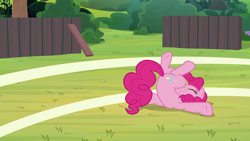 Size: 1920x1080 | Tagged: safe, derpibooru import, screencap, pinkie pie, earth pony, pony, 2 4 6 greaaat, on back, solo