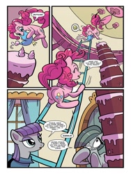 Size: 768x1024 | Tagged: safe, artist:kate sherron, idw, marble pie, maud pie, pinkie pie, earth pony, pony, spoiler:comic, spoiler:comic86, balloonbutt, butt, cake, comic, female, food, ladder, mare, official comic, plot, preview, siblings, sisters, speech bubble, when she speaks