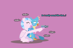 Size: 2207x1474 | Tagged: safe, artist:gd_inuk, gallus, silverstream, classical hippogriff, griffon, hippogriff, blushing, cute, diastreamies, duo, eyes closed, female, gallabetes, gallus is not amused, giggling, hug, male, pink background, simple background, sitting, unamused, video camera