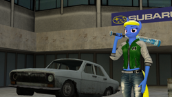 Size: 1280x720 | Tagged: safe, artist:kayman13, oc, oc only, oc:kellen, anthro, pony, unicorn, 3d, baseball bat, belly button, car, clothes, female, grand theft auto, gta v, hand on hip, holding, jacket, jeans, looking at you, pants, source filmmaker, volga, volga gaz-24, weapon