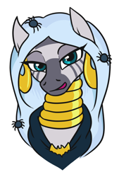 Size: 500x740 | Tagged: safe, artist:jargon scott, zecora, spider, zebra, bust, clothes, costume, ear piercing, earring, jewelry, long hair, looking at you, necklace, nightmare night, nightmare night costume, piercing, simple background, solo, white background