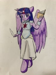 Size: 3024x4032 | Tagged: safe, artist:ponime11, twilight sparkle, twilight sparkle (alicorn), alicorn, anthro, unguligrade anthro, anatomically incorrect, armor, book, clothes, female, incorrect leg anatomy, looking at you, skirt, solo, traditional art, wings