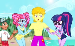 Size: 1280x792 | Tagged: safe, artist:dieart77, kiwi lollipop, sci-twi, timber spruce, twilight sparkle, oc, oc:bart simpson, oc:heat blitz, better together, equestria girls, abs, arm grab, bare chest, baseball cap, beach, belly button, bikini, blonde hair, blushing, canon x oc, cap, clothes, commission, deviantart, female, glasses, green eyes, green hair, hair, hat, heart, heatwi, jealous, k-lo, legs, lifeguard timber, male, muscles, partial nudity, patreon, patreon commission, patreon logo, pink hair, ponytail, scene trash, shipping, straight, swimming trunks, swimsuit, the simpsons, timbertwi, topless, water, yellow hair