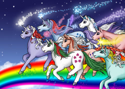 Size: 800x571 | Tagged: safe, artist:katriona-seallach, gusty, majesty, powder, skyflier, sparkler (g1), sunbeam, twilight, pony, unicorn, g1, female, group, horn, mare, rainbow, running