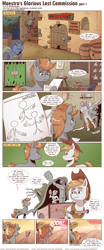 Size: 1318x3168 | Tagged: safe, artist:saturdaymorningproj, oc, oc:longhaul, oc:maestro, earth pony, human, pony, comic:maestro's sculpting career, barrel, cart, comic, craft, desert, drawing, explosion, hand, klugetown, klugetowner, male, nuclear explosion, sculpture, speech bubble, stallion, thought bubble, unamused