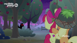Size: 1600x900 | Tagged: safe, derpibooru import, screencap, apple bloom, applejack, the great seedling, earth pony, pony, going to seed, apple, apple tree, bush, camouflage, fence, food, glowing eyes, helmet, leaves, orchard, red eyes, rope, shadow, sticks, tree