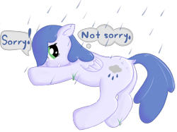 Size: 4096x3056 | Tagged: safe, alternate version, artist:poniidesu, oc, oc only, oc:raincloud drops, pegasus, pony, cute, dock, female, mare, ocbetes, on side, rain, simple background, solo, sorry not sorry, text, transparent background