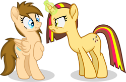 Size: 4476x2898 | Tagged: safe, artist:peahead, oc, oc only, oc:cherry lights, oc:stellar winds, pegasus, pony, unicorn, angry, blue eyes, female, folded wings, green eyes, magic, magic aura, mare, raised hoof, scrunchy face, shocked, shocked expression, shocked eyes, shocked face, simple background, standing, transparent background, vector, wings