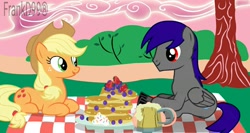 Size: 1224x653 | Tagged: safe, artist:frankdash99, derpibooru import, applejack, oc, oc:darkfire, earth pony, pegasus, pony, blueberry, breakfast, camping, cider, food, pancakes, picnic blanket, strawberry, whipped cream, wonderbolts