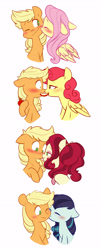 Size: 2273x5705 | Tagged: safe, artist:chub-wub, applejack, cherry jubilee, coloratura, fluttershy, strawberry sunrise, earth pony, pegasus, pony, apple, applejack gets all the mares, applerise, appleshy, bedroom eyes, blushing, boop, cherryjack, cute, eating, eyes closed, eyeshadow, female, flustered, food, freckles, hatless, jackabetes, kiss on the cheek, kissing, lesbian, makeup, mare, missing accessory, noseboop, nuzzling, one eye closed, rarajack, shipping, simple background, white background, wink