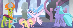 Size: 1915x745 | Tagged: safe, screencap, fluttershy, ocellus, seaspray, silverstream, thorax, changedling, changeling, pegasus, pony, school daze, excited, general seaspray, king thorax, school of friendship