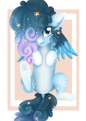 Size: 2480x3508 | Tagged: safe, artist:ekkosan, oc, oc:stellar constellation, pegasus, pony, commission, dock, ear fluff, ethereal mane, female, frog (hoof), hair over one eye, looking at you, lying down, starry mane, stars, two toned wings, underhoof, wings, ych result