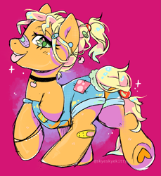 Size: 1201x1309 | Tagged: safe, artist:skyeskyekitty, applejack, earth pony, pony, 80s, bandaid, braid, cheap, choker, commission, female, hairclip, mare, pink background, simple background