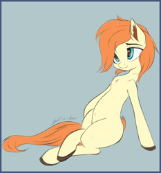 Size: 2800x3000 | Tagged: safe, artist:galinn-arts, oc, oc only, oc:melian, earth pony, pony, belly button, chest fluff, crossed legs, cute, ear fluff, hooves, light blue background, simple background, sitting, smiling