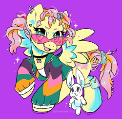 Size: 1413x1384 | Tagged: safe, artist:skyeskyekitty, angel bunny, fluttershy, angel, butterfly, pegasus, pony, 80s, barrette, cheap, choker, commission, ear piercing, earring, female, glasses, jewelry, mare, piercing, ponytail, purple background, scrunchie, simple background, windbreaker, yellow