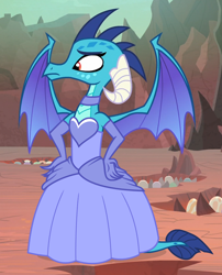 Size: 760x940 | Tagged: safe, artist:raziel grave, derpibooru exclusive, edit, edited screencap, screencap, princess ember, dragon, sweet and smoky, choker, clothes, cropped, dragoness, dress, female, gloves, solo