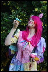 Size: 3456x5184 | Tagged: safe, artist:krazykari, pinkie pie, human, fanfic:cupcakes, clothes, cosplay, costume, cupcake, food, irl, irl human, photo, solo