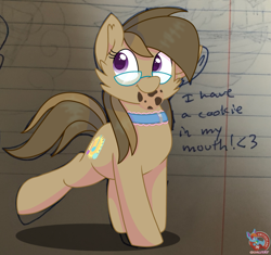 Size: 1699x1598 | Tagged: safe, artist:rainbow eevee, oc, oc only, oc:dawnsong, earth pony, pony, captain obvious, cookie, cute, daaaaaaaaaaaw, dialogue, drawing, female, food, glasses, happy, heart, hnnng, lined paper, looking at you, mare, mouth hold, photo, purple eyes, rainbow eevee is trying to murder us, smiling, smiling at you, solo
