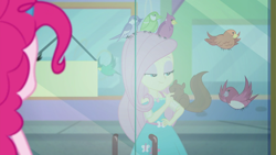 Size: 1280x720 | Tagged: safe, screencap, fluttershy, pinkie pie, bird, squirrel, better together, choose your own ending, equestria girls, tip toppings, tip toppings: fluttershy, animal, clothes, door, geode of fauna, magical geodes