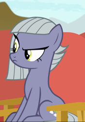 Size: 602x860 | Tagged: safe, screencap, limestone pie, earth pony, pony, rock solid friendship, chair, cropped, female, mare, raised eyebrow, sitting, solo