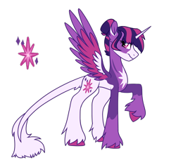 Size: 1568x1471 | Tagged: safe, artist:koloredkat, twilight sparkle, twilight sparkle (alicorn), alicorn, pony, cutie mark, female, leonine tail, mare, raised hoof, redesign, simple background, solo, transparent background, unshorn fetlocks