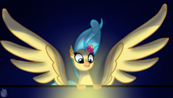 Size: 2191x1246 | Tagged: safe, artist:rainbow eevee, princess skystar, classical hippogriff, hippogriff, my little pony: the movie, atg 2019, cute, eyes on the prize, flower, flower in hair, looking down, newbie artist training grounds, simple background, solo, treasure, windswept mane