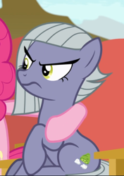 Size: 572x811 | Tagged: safe, screencap, limestone pie, pinkie pie, earth pony, pony, rock solid friendship, angry, chair, cropped, female, mare, offscreen character, sitting, solo focus