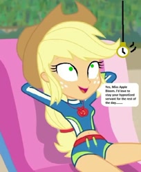 Size: 499x613 | Tagged: safe, edit, edited screencap, editor:thomasfan45, screencap, applejack, human, better together, equestria girls, lost and found, 1000 hours in ms paint, applejack's hat, beach, beach chair, bikini, clothes, cowboy hat, cropped, cute, description is relevant, female, geode of super strength, hat, hypnosis, hypnotized, implied apple bloom, legs, lounging, magical geodes, midriff, offscreen character, pocket watch, ponytail, relaxing, smiling, solo, speech bubble, story included, swimsuit