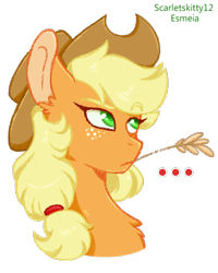 Size: 564x705 | Tagged: safe, artist:esmeia, artist:scarletskitty12, derpibooru import, applejack, earth pony, pony, collaboration, ..., applejack is not amused, bust, chest fluff, ear fluff, female, freckles, mare, portrait, simple background, solo, straw in mouth, transparent background, unamused