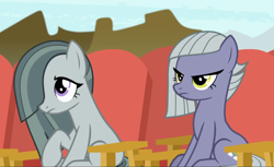 Size: 1468x896 | Tagged: safe, screencap, limestone pie, marble pie, earth pony, pony, rock solid friendship, chair, cropped, duo, female, mare, sitting