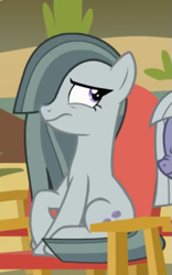 Size: 375x600 | Tagged: safe, screencap, marble pie, earth pony, pony, rock solid friendship, annoyed, chair, cropped, female, mare, offscreen character, sitting, solo focus