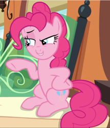 Size: 808x940 | Tagged: safe, screencap, pinkie pie, earth pony, pony, rock solid friendship, cropped, female, hoof on hip, mare, raised eyebrow, sitting, smug, solo, train