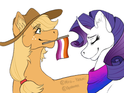 Size: 1890x1417 | Tagged: safe, artist:oyabunn, applejack, rarity, earth pony, pony, unicorn, bisexual pride flag, cute, female, jackabetes, lesbian, lesbian pride flag, pride, raribetes, rarijack, shipping