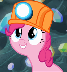 Size: 880x939 | Tagged: safe, screencap, pinkie pie, earth pony, pony, rock solid friendship, cropped, cute, diapinkes, female, helmet, mare, mining helmet, solo