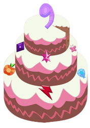 Size: 794x1123 | Tagged: safe, artist:pwnypony db, cake, element of generosity, element of honesty, element of kindness, element of laughter, element of loyalty, element of magic, elements of harmony, food, gem, happy birthday mlp:fim, mlp fim's ninth anniversary, no pony