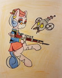Size: 2418x3018 | Tagged: safe, artist:dice-warwick, oc, oc:harp melody, pony, fallout equestria, clothes, dress, drone, gun, hat, horn, mirage pony, pipbuck, red dress, red hat, rifle, skirt, small horn, small wings, solo, traditional art, weapon, wings